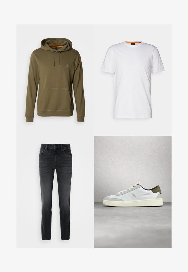 Olijf groene hoodie van zacht materiaal, met een voorzak, verstelbare trekkoordcapuchon en een subtiele logopatch op de borst.; Witte katoenen T-shirt met ronde hals, korte mouwen en een subtiel reliëflogo op de borst. Het binnenlabel heeft een oranje accent.; Zwarte denim jeans met een slim fit, voorzien van een middelhoge taille, klassiek vijf-pocket ontwerp en subtiele vervaging op de benen.; Witte en grijze lage sneaker met witte veters en "HUGO" logo in goud, zwevend boven een gladde grijze vloer tegen een glazen muur als achtergrond.
