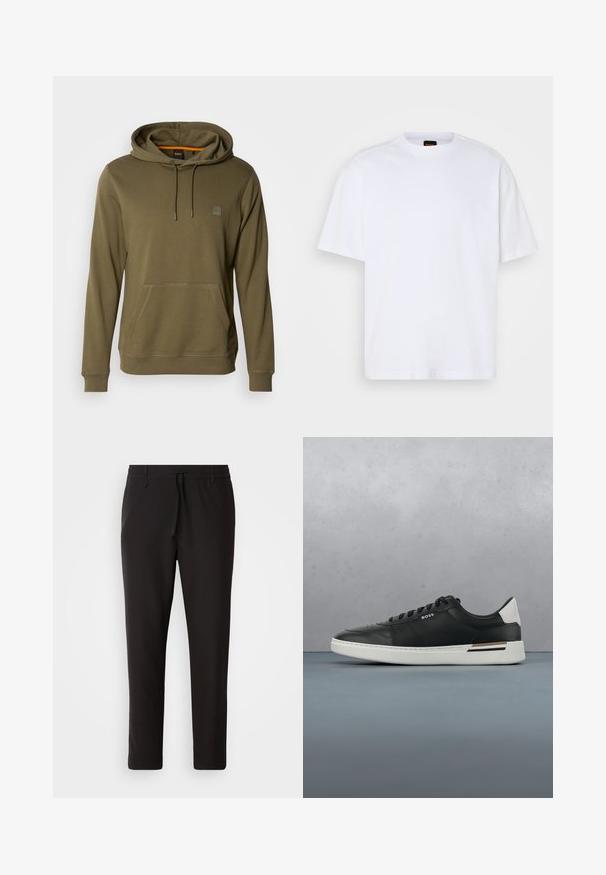 Hoodie vert olive en tissu doux, avec une poche avant, un capuchon ajustable avec cordon de serrage et un patch logo discret sur la poitrine.; T-shirt en coton blanc avec un col rond, des manches courtes et une coupe décontractée. Les coutures épaules texturées ajoutent un détail supplémentaire.; Pantalons de jogging noirs en tissu lisse. Dotés d'une taille élastique avec cordon de serrage, jambes fuselées, et sans poches visibles. Design simple.; Sneaker en cuir noir avec semelle blanche, présente des perforations, un design à lacets, logo sur le côté et détail de talon contrasté en blanc et marron.
