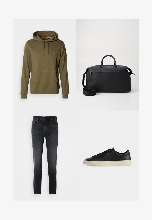 Oliven grøn hoodie lavet af blødt stof, med en lomme foran, justerbar snoretræk på hætten og et diskret logo-patch på brystet.; Sorte denimjeans med slim fit, der har en mellemhøj talje, klassisk fem-lomme design og subtle falmning på benene.; Sort lavtop lædersneaker med hvid sål, sorte snørebånd og lille gyldent BOSS-logo på siden.; Sort læder duffel taske med to top hanke, en aftagelig skulderrem og en lynlåslomme foran til ekstra opbevaring.