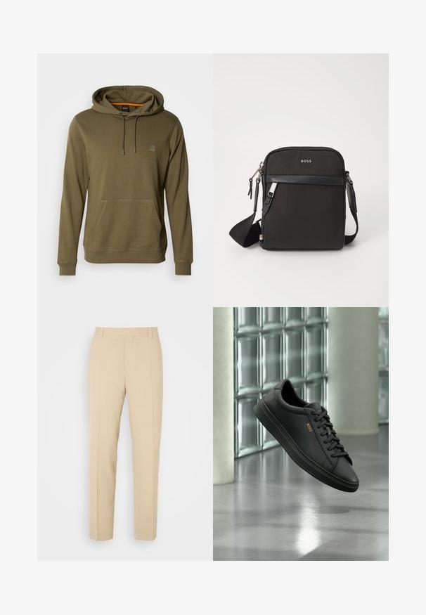 Hoodie vert olive en tissu doux, avec une poche avant, un capuchon ajustable avec cordon de serrage et un patch logo discret sur la poitrine.; Pantalons beige ajustés avec une coupe droite, fabriqués en tissu léger, dotés de deux poches avant et de plis bien repassés.; Baskets basses en cuir noir avec lacets noirs et logo BOSS doré sur le côté, flottant au-dessus d’un sol gris brillant dans un espace intérieur moderne.; Sac bandoulière noir en tissu texturé, avec un logo sur le devant, fermeture éclair et une bandoulière réglable. Finitions en cuir lisse.
