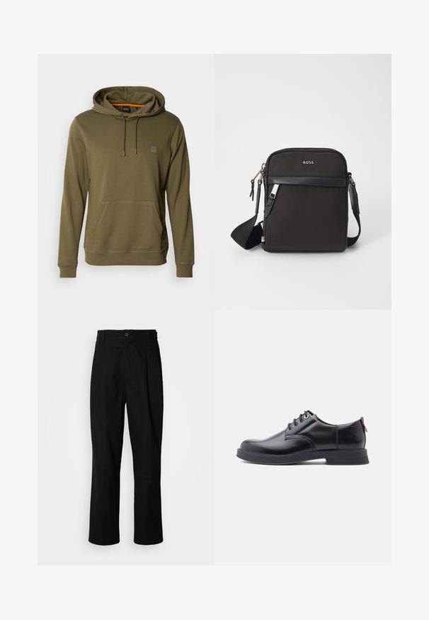 Hoodie vert olive en tissu doux, avec une poche avant, un capuchon ajustable avec cordon de serrage et un patch logo discret sur la poitrine.; Pantalons noirs à jambes droites avec une taille à bouton, passants de ceinture et pli avant, présentés sur un fond blanc uni.; Chaussures en cuir noir à lacets avec une texture lisse, un bout arrondi et des détails de couture discrets. Présentent une languette rouge à l'arrière.; Sac bandoulière noir en tissu texturé, avec un logo sur le devant, fermeture éclair et une bandoulière réglable. Finitions en cuir lisse.