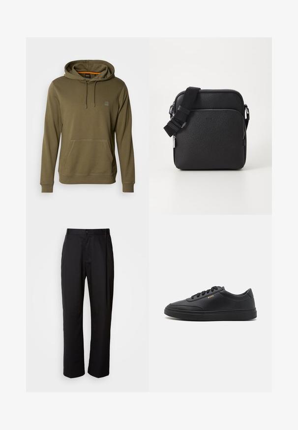 Hoodie vert olive en tissu doux, avec une poche avant, un capuchon ajustable avec cordon de serrage et un patch logo discret sur la poitrine.; Pantalon noir à coupe droite, en tissu léger. Il dispose d'une fermeture à bouton sur le devant et de deux poches latérales ; texture lisse.; Baskets en cuir noir avec une texture lisse, bout rond, semelle en caoutchouc plate et lacets ton sur ton. Présente une marque "BOSS" dorée sur le côté.; Sac bandoulière en cuir noir avec une surface texturée, doté d'une poche zippée à l'avant, d'une bandoulière ajustable et d'accents en métal.