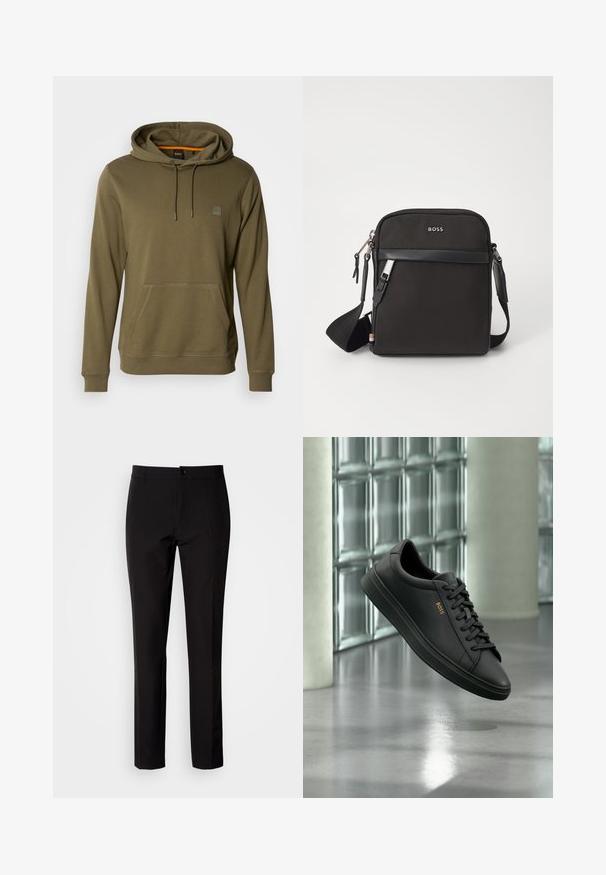 Olijf groene hoodie van zacht materiaal, met een voorzak, verstelbare trekkoordcapuchon en een subtiele logopatch op de borst.; Zwarte broek van gladde stof, met rechte pijpen, een sluiting met knopen aan de voorkant en subtiele zijzakken. Eenvoudige en op maat gemaakte uitstraling.; Zwarte lage leren sneaker met zwarte veters en gouden BOSS-logo aan de zijkant, zwevend boven glanzende grijze vloer in een moderne binnenruimte.; Zwarte schoudertas van textuurstof, met logo aan de voorkant, ritssluiting en verstelbare schouderband. Voorzien van een gladde leren rand.