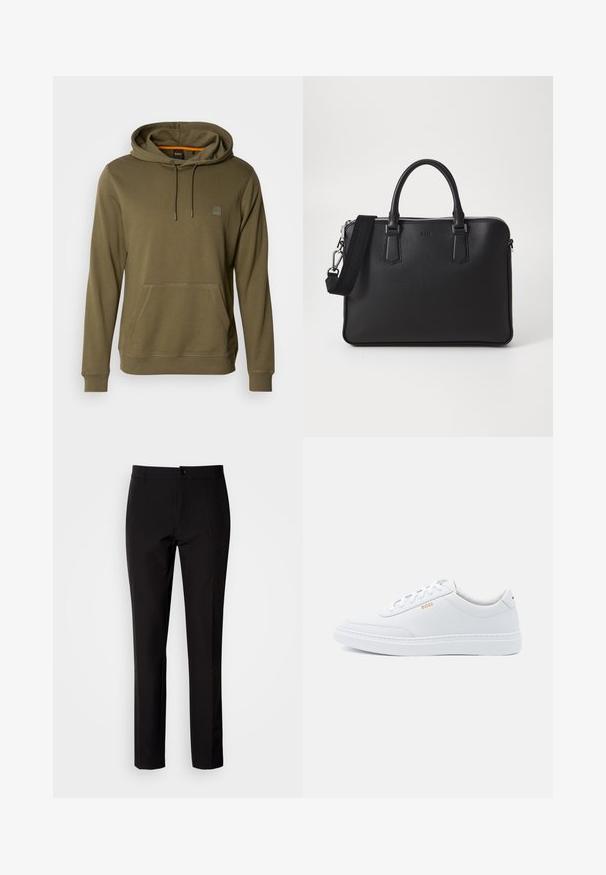 Hoodie vert olive en tissu doux, avec une poche avant, un capuchon ajustable avec cordon de serrage et un patch logo discret sur la poitrine.; Pantalon noir en tissu lisse, avec coupe droite, fermeture à boutons sur le devant et poches latérales discrètes. Look simple et ajusté.; Baskets blanches en cuir avec une texture lisse, bout rond et coutures tonales. Possède des lacets bleus et un logo doré sur le côté.; Sac en cuir noir avec surface texturée, deux poignées et une bandoulière amovible. Il présente des fermetures éclair en argent et des éléments de design minimalistes.