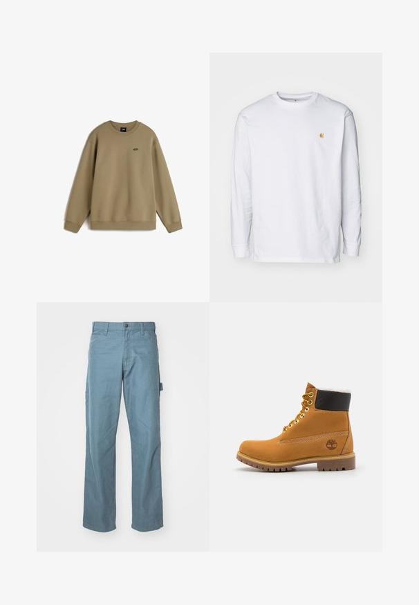 Olivengrüner Sweatshirt, Rundhalsausschnitt, lange Ärmel, weicher Baumwollmischstoff, gerippte Bündchen und Saum, mit kleinem Logo auf der Brust.; Weißes Langarm-T-Shirt aus Baumwolle. Mit kleinem goldenem Logo auf der Brust und Rundhalsausschnitt. Einfaches Design und normale Passform.; Hellblaue Baumwoll-Cargohosen mit geradem Bein, zwei Seitentaschen und einer Schlaufe am Bund für zusätzlichen Nutzen.; Braune Leder-Ankle-Boots mit Metallösen, weißem Kunstfellfutter, schwarzem gepolstertem Kragen, robustem Sohlenprofil und geprägtem Logo an der Seite.