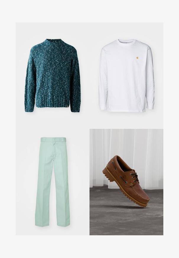 Pull en tricot teal avec un motif texturé, un col haut et un ourlet côtelé. Fabriqué dans un tissu doux avec une coupe légèrement ample.; T-shirt à manches longues blanc en coton. Présente un petit logo doré sur la poitrine et un col rond. Design simple et coupe standard.; Pantalons vert clair en coton avec une coupe droite, présentant une texture lisse et une taille standard avec passants de ceinture.; Chaussure de bateau en cuir marron avec des lacets noirs, des coutures beiges et une semelle robuste, suspendue au-dessus d'un sol en béton gris.