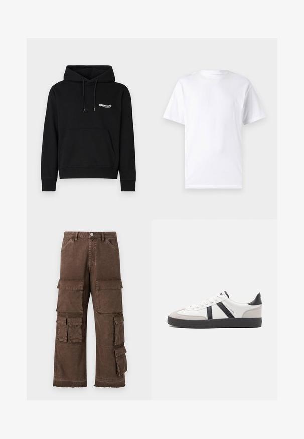 Hoodie en coton noir avec une poche kangourou à l'avant, un capuchon avec cordon de serrage et un petit logo blanc sur la poitrine. Poignets et ourlet côtelés.; T-shirt blanc à manches courtes en coton avec un col rond, présentant une texture lisse et un design simple, sans motifs ni accents.; Pantalons cargo marron avec une coupe ample, plusieurs poches latérales et un design à ourlet effiloché. Fabriqués à partir d'un tissu résistant et texturé pour plus de durabilité.; Baskets blanches avec des accents noirs et gris, présentant un embout texturé gris, une semelle en caoutchouc noir et des lacets plats blancs. Design épuré, style minimaliste.