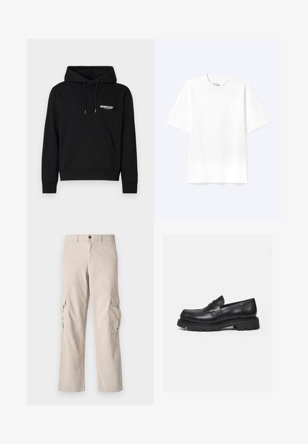 Hoodie en coton noir avec une poche kangourou à l'avant, un capuchon avec cordon de serrage et un petit logo blanc sur la poitrine. Poignets et ourlet côtelés.; T-shirt blanc uni à manches courtes et col rond avec une coupe décontractée, présenté sur un fond clair.; Pantalons cargo en velours côtelé beige avec deux poches latérales, une fermeture par bouton et une coupe évasée ; présente une texture à côtes verticales.; Mocassin en cuir noir avec semelle épaisse crantée et détail de bride penny, présenté en profil droit sur fond blanc.