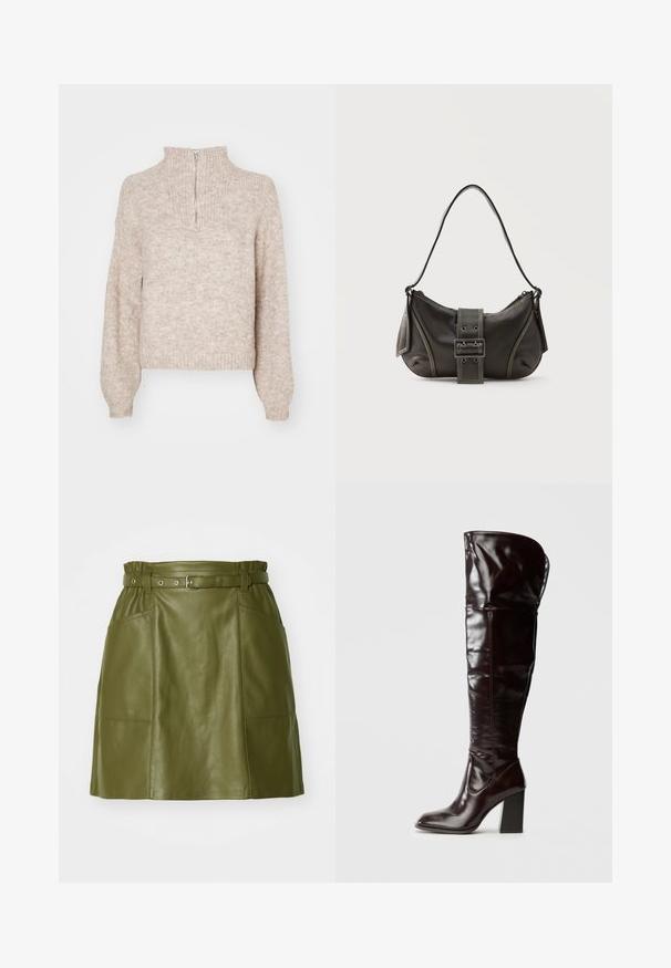 Pull en tricot beige avec un col montant et une fermeture éclair mi-hauteur. Présente de longues manches légèrement bouffantes et un ourlet côtelé. Matière texturée et douce.; Jupe en cuir vert olive avec une taille ceinturée, dotée de deux poches avant et d'une texture lisse. Silhouette évasée avec un design moderne.; Bottes en cuir bordeaux glacé montant jusqu'au genou, avec un bout carré et un talon bloc, présentant un design ample et des détails de couture minimalistes.; Sac à épaule en cuir noir avec une sangle à boucle, des bords arrondis et des coutures blanches contrastées sur un fond uni.