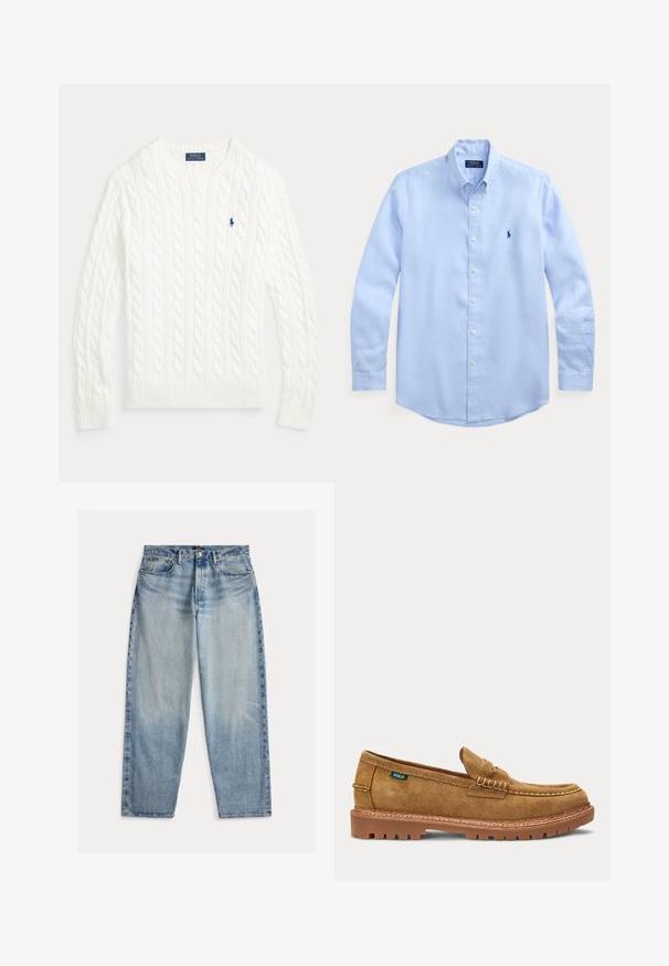 Pull en coton blanc à maille torsadée, col rond, manches longues, poignets et ourlet côtelés, avec petit logo Polo Ralph Lauren bleu sur la poitrine.; Chemise boutonnée bleu clair en coton, avec un col classique, des manches longues et un petit logo marine sur la poitrine gauche.; Jean en denim bleu clair avec une coupe décontractée. Comprend une taille haute, cinq poches et des coutures visibles. La surface est légèrement texturée.; Mocassin penny en daim beige avec bout moc cousu, semelle en caoutchouc robuste et petite étiquette de tissu verte sur le côté.