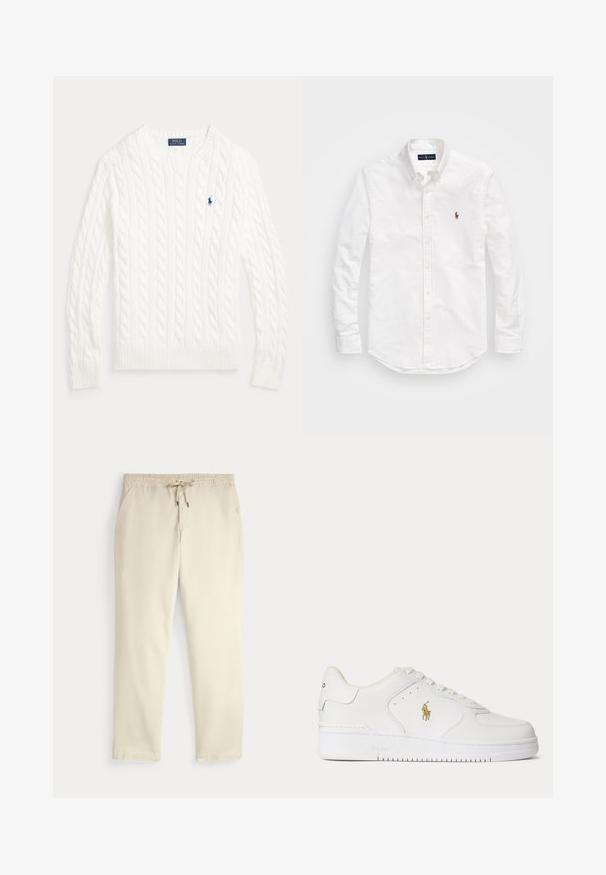 Hvid kabelstrikket bomuldstrøje med rund hals, lange ærmer, ribstrikkede manchetter og kant samt lille blå Polo Ralph Lauren-logo på brystet.; Hvid skjorte med knapper lavet af bomuld, med lange ærmer, en buet bund og et lille broderet logo på brystet.; Off-white afslappede bukser med elastisk talje og snor, lige ben og sidelommer mod en ensfarvet baggrund.; Hvid lavtopet lædersneaker med hvide snørebånd og et gyldent Polo Ralph Lauren-logo på siden samt "Polo" præget på sålen.