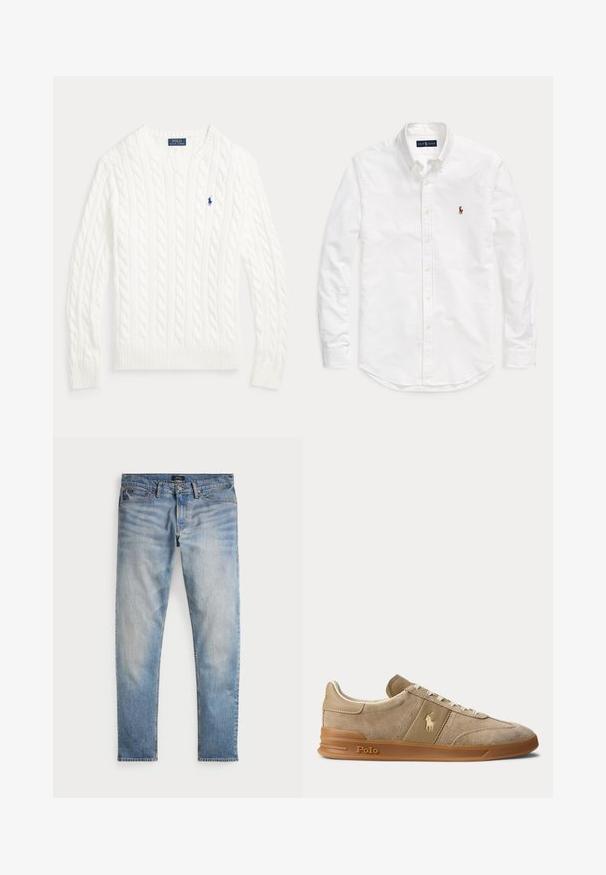 Valge kaabelmustriga puuvillane kampsun, ümara kaelusega, pikkade varrukatega, soonikutega mansettide ja äärega ning väike sinine Polo Ralph Laureni logo rinnal.; Valge pika varrukaga nööpidega särk, kraega ja vasakul rinnal väikese tikitud logoga, laotatud tasaselt üheltaustal.; Heledad sinine teksapüksid, tuhm finish, viie tasku disain ja kontrastne õmblus. Omab tõmblukku ja vööauke. Sirge lõige.; Beež color veluurist ja nahast madala säärega toss kummikõrrega, valgete paelte ja Polo logoga küljel ning tallal.