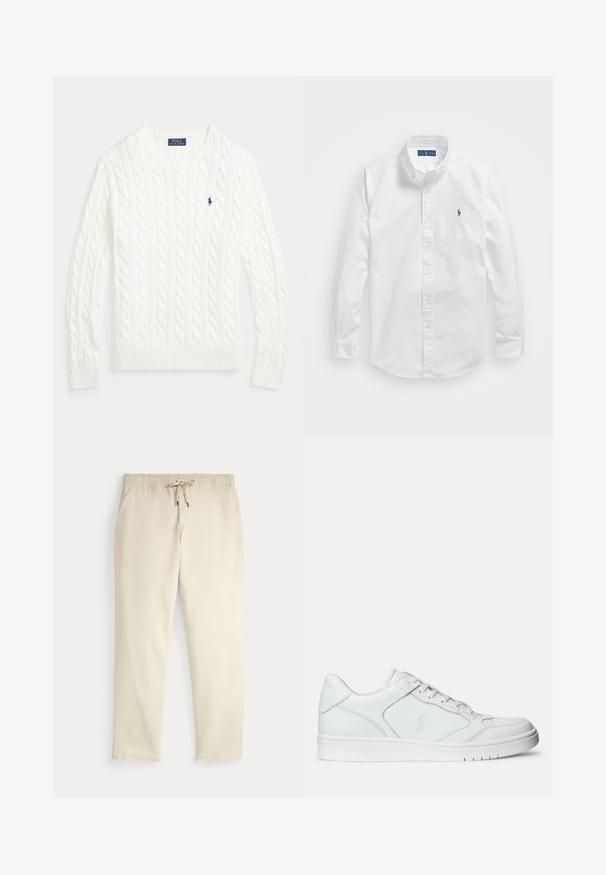 Pull en coton blanc à maille torsadée, col rond, manches longues, poignets et ourlet côtelés, avec petit logo Polo Ralph Lauren bleu sur la poitrine.; Chemise blanche en coton à boutons, avec un col classique, des manches longues et un petit logo brodé sur la poitrine gauche.; Pantalon décontracté off-white avec taille élastique et cordon de serrage, jambes droites et poches latérales sur un fond uni.; Baskets en cuir blanc avec une texture lisse, présentant un bout perforé, un système de laçage et un logo brodé sur le côté. Semelle en caoutchouc blanc.