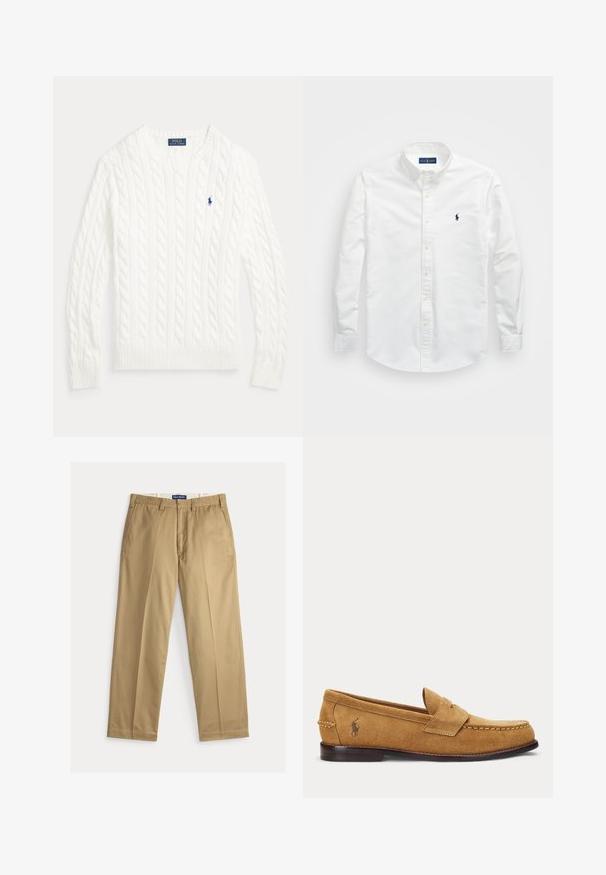Pull en coton blanc à maille torsadée, col rond, manches longues, poignets et ourlet côtelés, avec petit logo Polo Ralph Lauren bleu sur la poitrine.; Chemise blanche à manches longues en coton. Dotée d'un col pointu, de longues manches et d'un petit logo navy sur la poitrine. Texture lisse.; Pantalon chino beige en tissu de coton. Coupe droite avec un devant plat, deux poches latérales et une ceinture avec fermeture par bouton.; Mocassin en daim fauve avec détails cousus et petit logo brodé de cheval sur le côté, avec un petit talon en bois et design sans lacets.