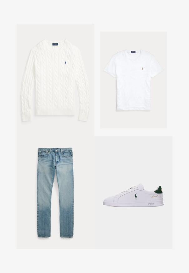 Pull en coton blanc à maille torsadée, col rond, manches longues, poignets et ourlet côtelés, avec petit logo Polo Ralph Lauren bleu sur la poitrine.; T-shirt blanc à col rond et manches courtes avec petit logo Polo Ralph Lauren brodé sur la poitrine gauche et étiquette de marque bleue à l’intérieur du col.; Jean denim bleu clair à coupe droite, cinq poches, fermeture par bouton et détails subtilement délavés autour des cuisses et des genoux.; Baskets blanches basses avec languette de talon verte, logo brodé du cheval Polo sur le côté, texte "Polo" sur la semelle, et signature dorée "Ralph Lauren" sur la tige.