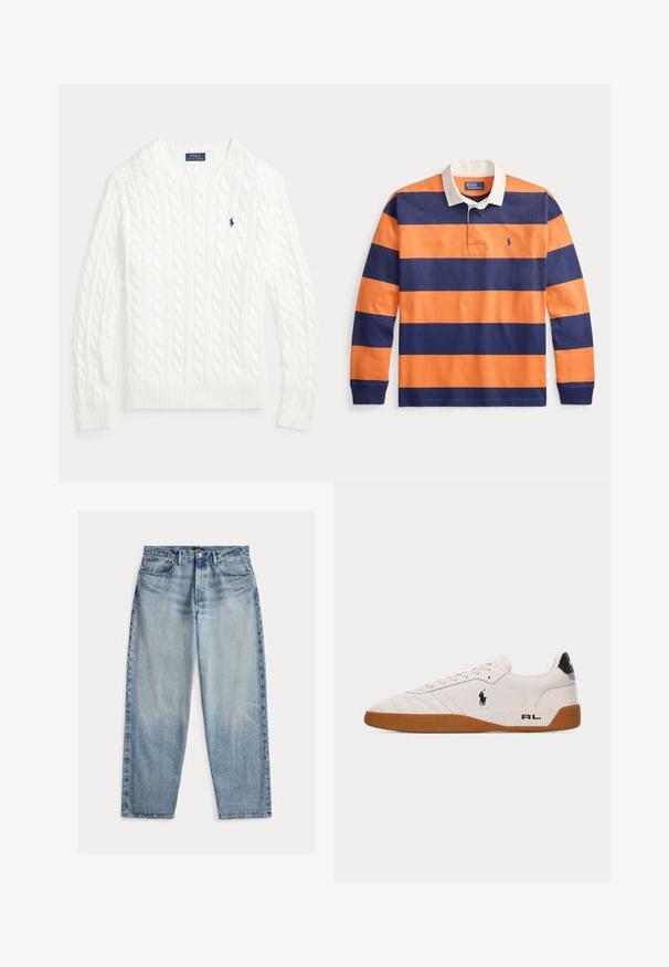 Pull en coton blanc à maille torsadée, col rond, manches longues, poignets et ourlet côtelés, avec petit logo Polo Ralph Lauren bleu sur la poitrine.; Maillot de rugby à manches longues avec larges rayures horizontales bleu marine et orange et col blanc, logo Polo Ralph Lauren sur la poitrine.; Jean en denim bleu clair avec une coupe décontractée. Comprend une taille haute, cinq poches et des coutures visibles. La surface est légèrement texturée.; Baskets basses blanches avec semelle en caoutchouc marron, logo Polo Ralph Lauren noir sur le côté, et texte "RL" sur la partie du talon.