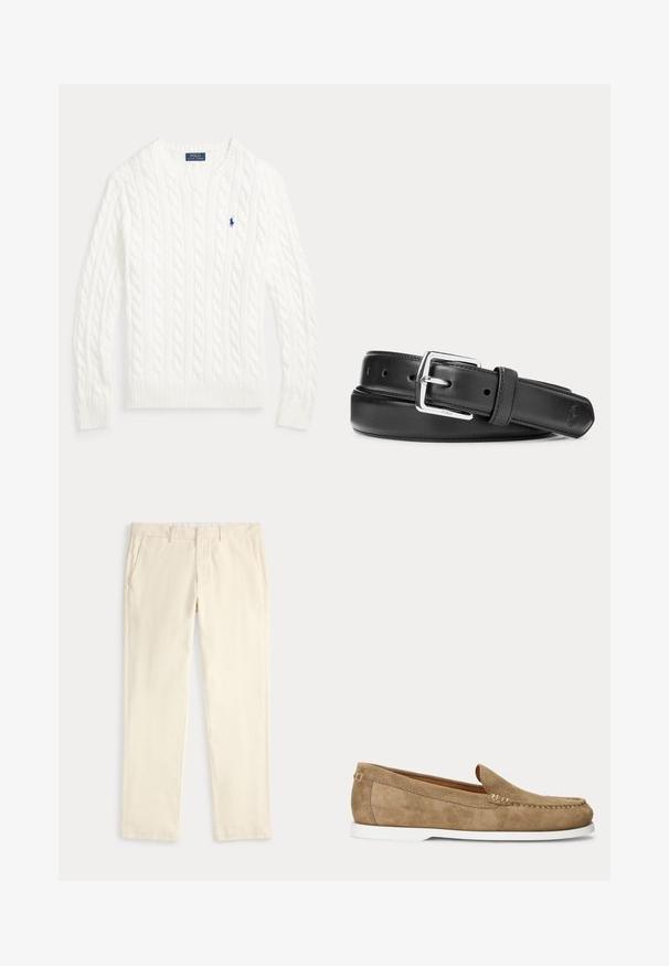 Pull en coton blanc à maille torsadée, col rond, manches longues, poignets et ourlet côtelés, avec petit logo Polo Ralph Lauren bleu sur la poitrine.; Pantalon droit de couleur crème avec passants de ceinture et poches latérales, présenté à plat sur un fond clair.; Mocassin en daim marron clair style mocassin avec semelle blanche et coutures visibles le long du bout et des côtés, présenté en profil latéral.; Ceinture en cuir noir avec boucle rectangulaire argentée, roulée sur un fond blanc, avec un logo embossé subtil à l'extrémité.