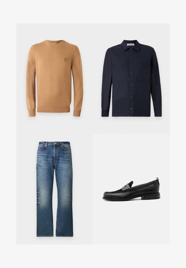 Hellbrauner, gestrickter Pullover mit langen Ärmeln und gerippten Bündchen; verfügt über ein kleines gelbes Vogel-Logo auf der linken Brust.; Samsøe Samsøe TAKA JO OVERSHIRT - Hemd - dark blue; Hellblaue Jeans aus Denim mit geradem Bein, ausgewaschenen Bereichen, fünf Taschen und klassischem Knopfverschluss an der Taille.; Schwarzer Lederloafer mit grauem Riemendetail, niedrigem Absatz und strukturierter Sohle, seitlich mit „HUGO“ in Gold gebrandmarkt.
