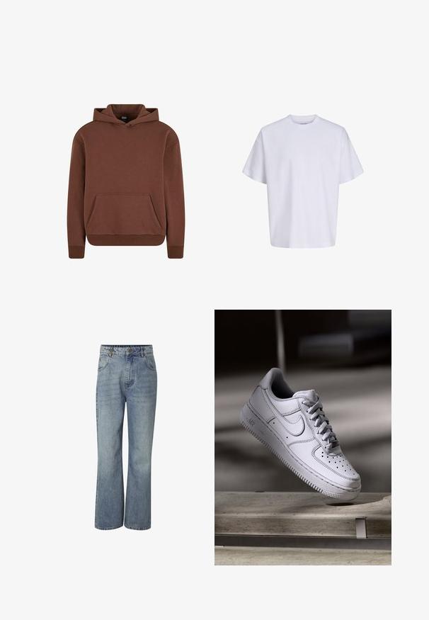 Bruine hoodie gemaakt van een zachte stof, met een kangaroezak, ribgebreide boorden en een ontspannen pasvorm.; Effen witte oversized T-shirt met korte mouwen, ronde hals en losse pasvorm tegen een witte achtergrond.; Blauwe denim spijkerbroek met hoge taille, wijde pijpen, knoopsluiting aan de voorkant, ceintuurlussen en zakken voor en achter.; Witte Nike Air Force 1 sneaker van leer met geperforeerde neus, platte veters en een gestructureerde rubberen zool met "AIR"-logo aan de zijkant.