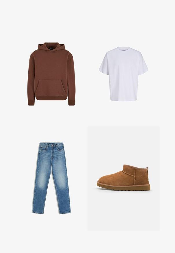 Brun hættebluse lavet af blødt stof, med kengurulomme, ribbede manchetter og en afslappet pasform.; Simpel hvid oversized t-shirt med korte ærmer, rund hals og løs pasform mod en hvid baggrund.; Blå denimjeans med høj talje, forreste knap og lynlås, to forlommer og falmede områder på lår og knæ.; Sandal mellemhøje støvler i tan ruskind med en rund tå, subtile syninger og en tekstureret gummisål. Kort højde uden snørebånd.