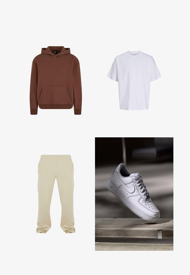 Brauner Kapuzenpullover aus weichem Material, mit einer Kängurutasche, gerippten Bündchen und einem lässigen Schnitt.; Schlichtes weißes oversized T-Shirt mit kurzen Ärmeln, Rundhalsausschnitt und lockerem Sitz vor weißem Hintergrund.; Beige Jogginghose aus weichem Baumwollgemisch, mit einem elastischen Bund und Bündchen, in lässigem Schnitt und glatter Textur.; Weißer Nike Air Force 1 Sneaker aus Leder mit perforierter Zehenpartie, flachen Schnürsenkeln und strukturierter Gummisohle mit "AIR"-Branding an der Seite.
