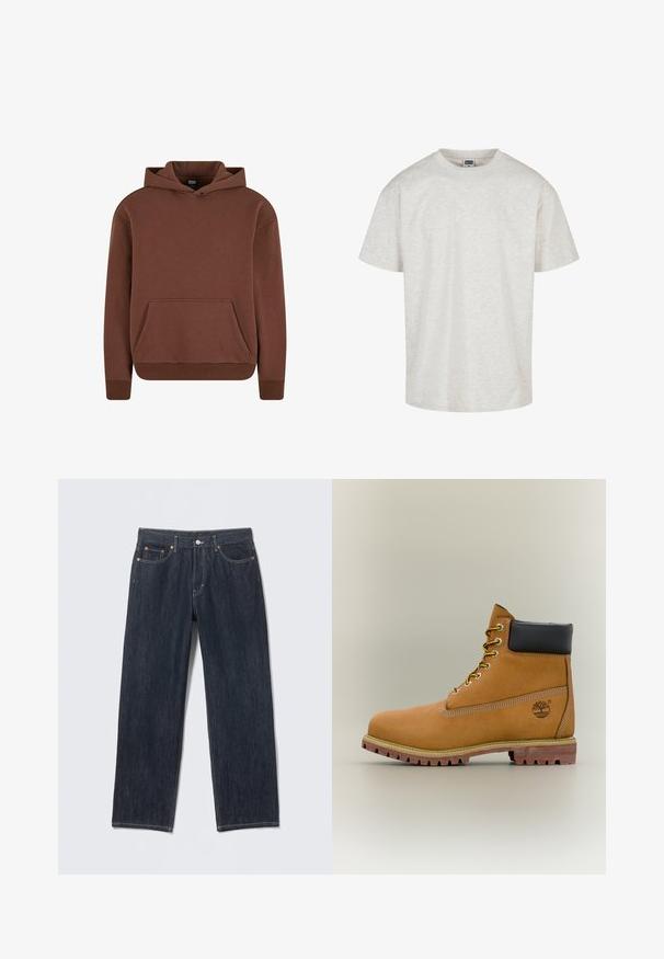 Brauner Kapuzenpullover aus weichem Material, mit einer Kängurutasche, gerippten Bündchen und einem lässigen Schnitt.; Helles graues Baumwoll-T-Shirt mit kurzen Ärmeln, einem Rundhalsausschnitt und einer lässigen Passform. Texturiertes Gewebe mit einem dezenten melierten Muster.; Dunkelblaue Jeans aus Denim mit geradem Schnitt, Gürtelschlaufen, Taschen vorne und hinten sowie kontrastierenden Nähten. Keine sichtbaren Muster oder Verzierungen.; Brauner Leder-Stiefelette mit schwarzem Kragen, gelben Schnürsenkeln und hellbrauner Sohle. Verfügt über ein Logo und weiße Ziernähe. Robuste Profilsohle.