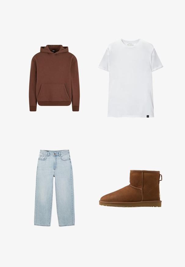 Bruine hoodie gemaakt van een zachte stof, met een kangaroezak, ribgebreide boorden en een ontspannen pasvorm.; Witte spiergetailleerde t-shirt van katoen. Ronde hals, korte mouwen, gladde textuur. Klein zwart logo-label aan de zoom. Eenvoudig ontwerp.; Lichtblauwe rechte denim jeans met hoge taille, voorste knoop, ritssluiting, riemlussen en vijfzakkenontwerp op een witte achtergrond.; Bruine suède enkelboots met een ronde neus, gestikte accenten en een rubberen zool. Beschikt over een trekflap aan de achterkant voor gemakkelijk aan- en uittrekken.