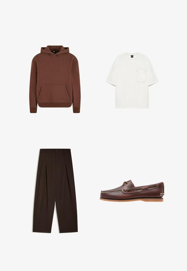 Brauner Kapuzenpullover aus weichem Material, mit einer Kängurutasche, gerippten Bündchen und einem lässigen Schnitt.; Schlichtes weißes T-Shirt mit kurzen Ärmeln, rundem Halsausschnitt und einer einzelnen Tasche auf der linken Brustseite vor weißem Hintergrund.; Hoch taillierte, dunkelbraune Weitbein-Hose mit vorderen Falten, Gürtelschlaufen, Knopfverschluss und sauberen Saumkanten.; Brauner Leder-Bootsschuh mit weißen Nähten, Schnürdetails und hellbrauner Gummisohle, seitlich auf weißem Hintergrund gezeigt.
