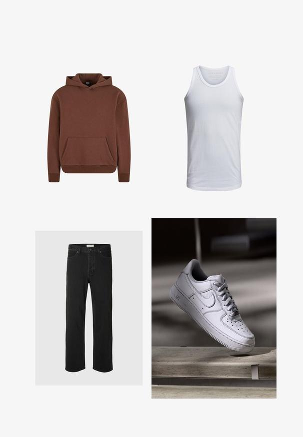 Brun hættebluse lavet af blødt stof, med kengurulomme, ribbede manchetter og en afslappet pasform.; Hvid bomulds tank top med rund halsudskæring, brede skulderstropper og minimal branding trykt indeni kraven. Blød tekstur, afslappet pasform.; Sorte denim straight-leg jeans har et klassisk fem-lomme design med knaplukning, minimal syning og en blød tekstur.; Hvid læder Nike Air Force 1 sneaker med perforeret tå, flade snørebånd og tekstureret gummisål med "AIR" branding på siden.