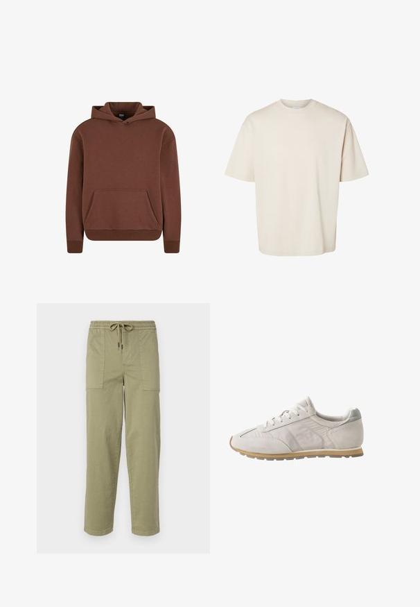 Brauner Kapuzenpullover aus weichem Material, mit einer Kängurutasche, gerippten Bündchen und einem lässigen Schnitt.; Schlichtes beiges, kurzärmeliges, übergroß geschnittenes Baumwoll-T-Shirt mit Rundhalsausschnitt, flach auf weißem Hintergrund präsentiert.; Helle olivgrüne Hose aus Baumwollmischgewebe, mit einem elastischen Bund und Kordelzug sowie zwei großen Seitentaschen.; Hellbeiger Sneaker mit niedrigem Schnitt und Schnürung vorne, Wildlederdetails an Zehen- und Fersenbereich sowie einer profilierten Gummisohle, von der Außenseite gezeigt.