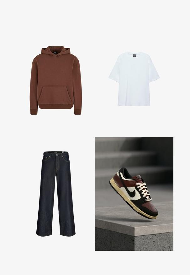 Sweat à capuche marron en tissu doux, avec une poche kangourou, des poignets côtelés et un design décontracté.; T-shirt blanc uni oversize à manches courtes avec col rond et étiquette noire à l'intérieur du col sur fond blanc.; Jean en denim bleu foncé à jambes larges avec bouton à l'avant, poches et coutures orange visibles sur fond blanc.; Baskets basses Nike en noir, marron, blanc et crème, positionnées en l'air au-dessus d'un rebord en béton avec des escaliers flous en arrière-plan.