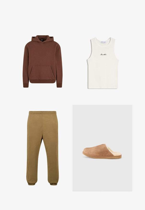 Sweat à capuche marron en tissu doux, avec une poche kangourou, des poignets côtelés et un design décontracté.; Haut blanc sans manches en côtes avec encolure ronde et texte cursif noir « Dust Miles » centré sur la poitrine.; Jogging en polaire marron avec une taille élastique, des jambes fuselées et des poignets côtelés. Texture lisse avec des détails sur les coutures latérales.; Chausson en daim marron à enfiler avec une doublure douce en polaire couleur crème et une semelle en caoutchouc, présenté de profil sur un fond blanc.