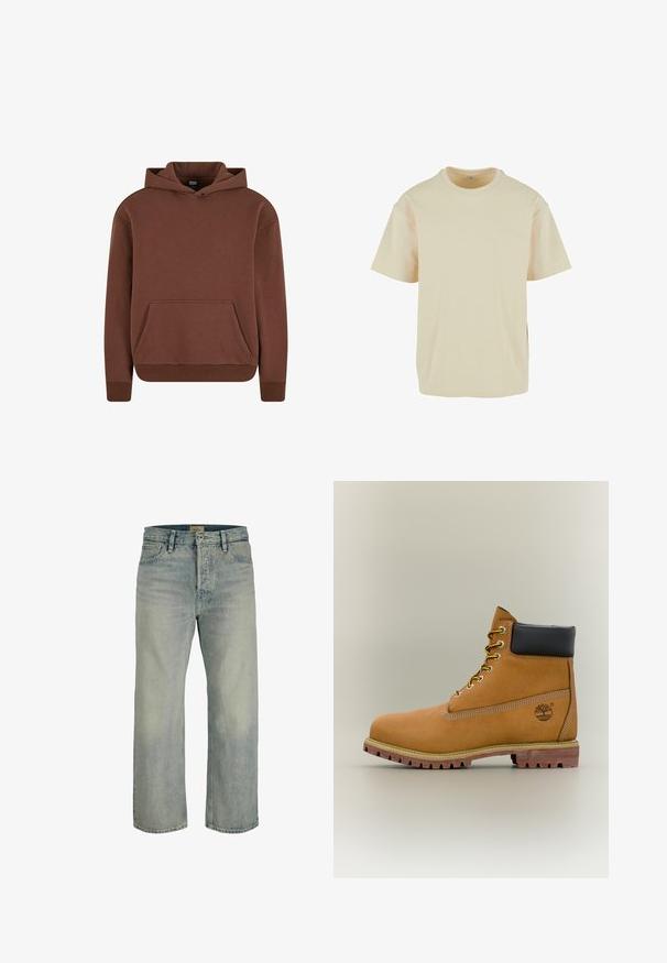 Sweat à capuche marron en tissu doux, avec une poche kangourou, des poignets côtelés et un design décontracté.; T-shirt en coton beige à manches courtes, col rond et fentes sur les côtés ; texture lisse et coupe décontractée.; Jeans en denim bleu clair à coupe droite, avec poches avant, passants pour ceinture et fermeture par bouton.; Bottine en cuir marron avec col noir, lacets jaunes et semelle beige. Présente un logo et des détails de couture blanche. Semelle extérieure à traction robuste.