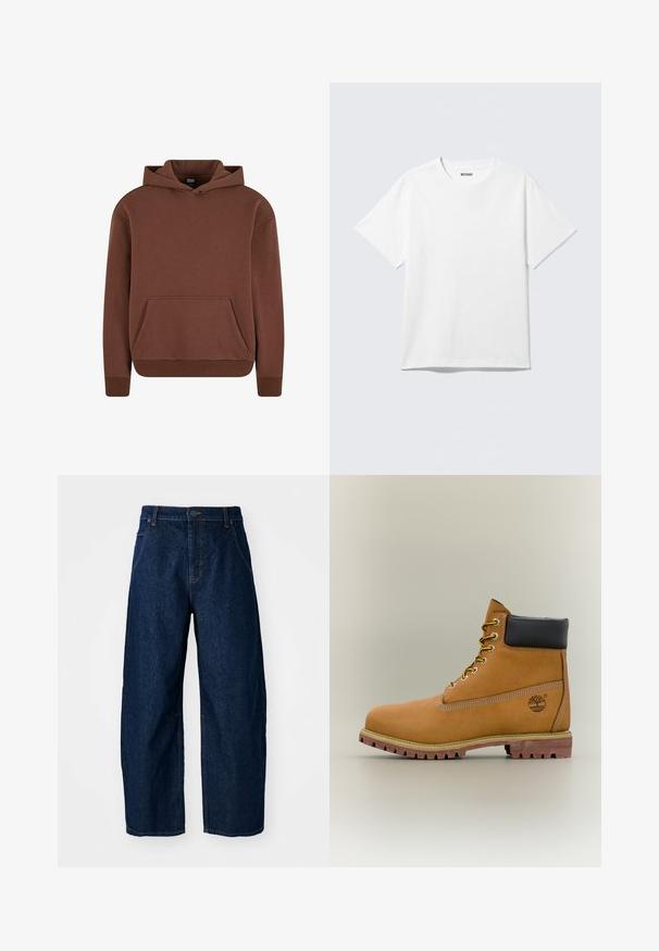 Brauner Kapuzenpullover aus weichem Material, mit einer Kängurutasche, gerippten Bündchen und einem lässigen Schnitt.; Weißes T-Shirt mit kurzen Ärmeln und Rundhalsausschnitt, flach liegend, schlichtes Design, mit „WEEKDAY“-Etikett innen im Kragen auf hellem Hintergrund.; Hellebeine Jeans aus dunklem Denim mit hoher Taille, fünf Taschen, vorderem Knopfverschluss und sichtbaren Nähten.; Brauner Leder-Stiefelette mit schwarzem Kragen, gelben Schnürsenkeln und hellbrauner Sohle. Verfügt über ein Logo und weiße Ziernähe. Robuste Profilsohle.