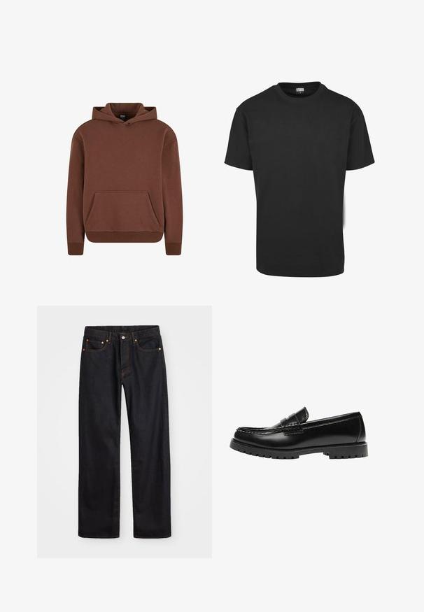 Sweat à capuche marron en tissu doux, avec une poche kangourou, des poignets côtelés et un design décontracté.; T-shirt en coton noir à manches courtes, col rond et coupe standard. Le tissu semble lisse et sans décoration.; Jean en denim noir pour hommes, coupe droite, avec cinq poches et surpiqûres orange, fermeture par bouton et zip à la taille avant.; Mocassin en cuir noir avec une semelle en caoutchouc épaisse et un détail classique de bride à monnaie, vu de côté extérieur.