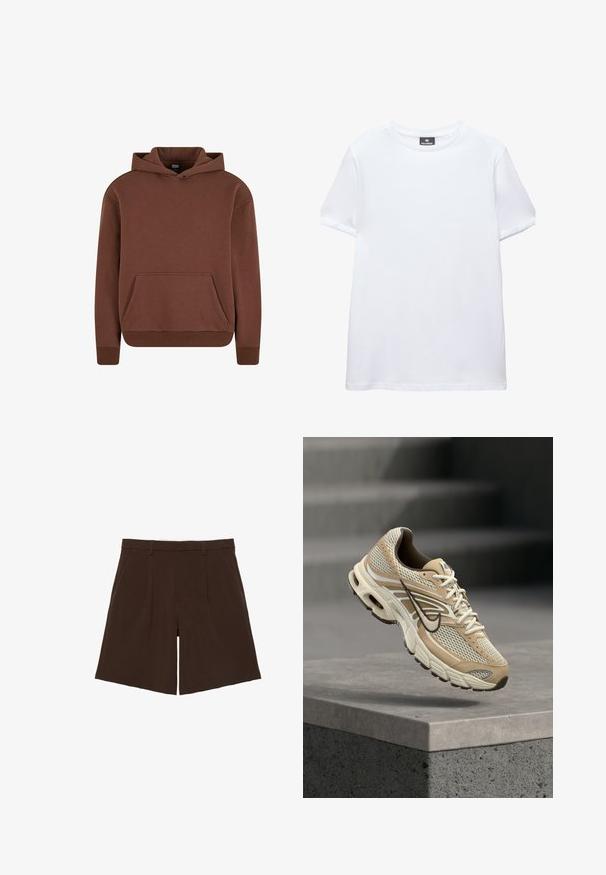 Brun hættebluse lavet af blødt stof, med kengurulomme, ribbede manchetter og en afslappet pasform.; Simpel hvid t-shirt med korte ærmer og rund halsudskæring med en sort Pull&Bear mærkat indeni kraven, vist på en hvid baggrund.; Mørkebrune knælange skræddersyede shorts med bæltestropper og forreste læg, vist fladt på hvid baggrund.; Beige og hvid Nike løbesko med mesh paneler og sort swoosh, der svæver over en betonkant med slørede trapper i baggrunden.