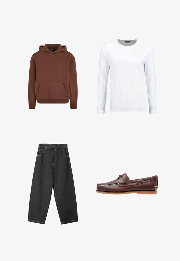 Brun hættebluse lavet af blødt stof, med kengurulomme, ribbede manchetter og en afslappet pasform.; Hvid langærmet t-shirt lavet af bomuld, med rund hals og en glat tekstur. Ingen mønstre eller detaljer. Enkel design.; Sorte denim brede bukser med gule sømme, fem-lomme-design og en mid-rise talje. Struktureret stof med en glat overflade.; Brun læder bådsko med hvide sømme, snøre detaljer og lysbrun gummisål, vist fra siden på hvid baggrund.