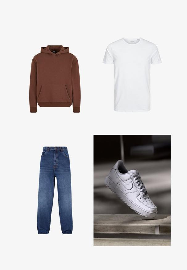 Bruine hoodie gemaakt van een zachte stof, met een kangaroezak, ribgebreide boorden en een ontspannen pasvorm.; Ronde hals kortemouwen t-shirt in effen wit, gemaakt van zachte katoen, heeft een eenvoudig ontwerp zonder zichtbare patronen of accenten.; Denim jeans in donkerblauw. Hoge taille met een relaxed fit. Beschikt over voorzakken en een subtiele vervaging op de benen.; Witte Nike Air Force 1 sneaker van leer met geperforeerde neus, platte veters en een gestructureerde rubberen zool met "AIR"-logo aan de zijkant.