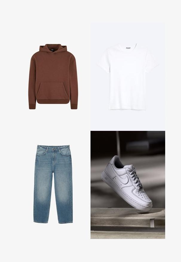 Brun hættebluse lavet af blødt stof, med kengurulomme, ribbede manchetter og en afslappet pasform.; Enkelt hvid T-shirt med korte ærmer og rund hals med synligt WEEKDAY-mærke i kraven, vist på en lys baggrund.; Blå denim jeans med lige ben, fem-lomme stil, knaplukning og lys falmning på forsiden af lårene.; Hvid læder Nike Air Force 1 sneaker med perforeret tå, flade snørebånd og tekstureret gummisål med "AIR" branding på siden.