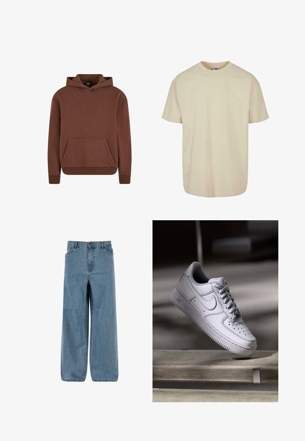 Bruine hoodie gemaakt van een zachte stof, met een kangaroezak, ribgebreide boorden en een ontspannen pasvorm.; Korte mouwen t-shirt in lichtbeige katoen met een ronde hals, voorzien van een relaxte pasvorm en een zachte textuur, zonder zichtbare patronen of accenten.; Jeans met wijde pijpen in lichtblauw. Voorzien van een knoop- en ritssluiting, vijf zakken en een vervaagde textuur voor een klassieke uitstraling.; Witte Nike Air Force 1 sneaker van leer met geperforeerde neus, platte veters en een gestructureerde rubberen zool met "AIR"-logo aan de zijkant.