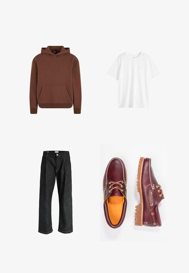 Sweat à capuche marron en tissu doux, avec une poche kangourou, des poignets côtelés et un design décontracté.; T-shirt blanc uni à manches courtes et col rond avec un petit logo sur la poitrine du côté gauche, présenté sur un fond blanc.; Jean en denim noir à jambe droite avec plis sur le devant, fermeture par boutons, passants pour ceinture et surpiqûres blanches visibles.; Chaussures en cuir bourgogne avec semelles en caoutchouc marron, bout rond, couture blanche et œillets dorés. L'intérieur présente une doublure jaune.