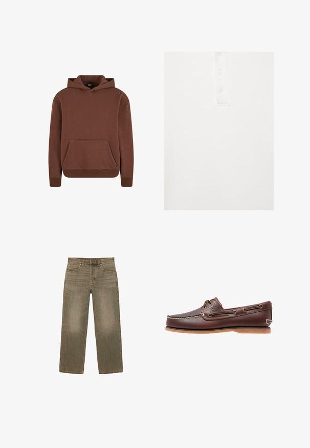 Brauner Kapuzenpullover aus weichem Material, mit einer Kängurutasche, gerippten Bündchen und einem lässigen Schnitt.; Weißes Polohemd mit geknöpftem Knebelverschluss mit drei passenden weißen Knöpfen, zentriert auf einem einfarbigen Hintergrund.; Gerade geschnittene, hochtaillierte, ausgebleichte braune Jeans aus Denim mit vorderer Knopfleiste, Reißverschluss und Fünf-Taschen-Design, auf weißem Hintergrund dargestellt.; Brauner Leder-Bootsschuh mit weißen Nähten, Schnürdetails und hellbrauner Gummisohle, seitlich auf weißem Hintergrund gezeigt.