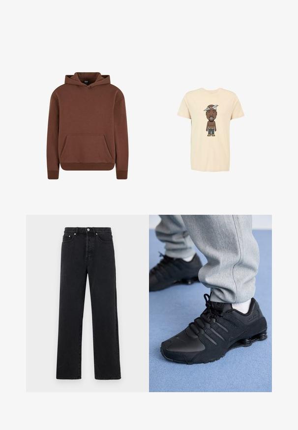 Brauner Kapuzenpullover aus weichem Material, mit einer Kängurutasche, gerippten Bündchen und einem lässigen Schnitt.; Beige Baumwoll-T-Shirt mit einem Cartoon-Graphic eines Mannes mit Bandana, der dunkle Jeans und gelbe Stiefel trägt. Rundhalsausschnitt und kurze Ärmel.; Schwarze Jeans mit geradem Bein und hohem Bund, fünf Taschen und Metallknopfverschluss. Der Stoff hat eine glatte Textur und einen leichten Glanz.; Person in schwarzen Nike Shox Sneakers und grauen Jogginghosen, der auf einem hellblauen Teppich steht.