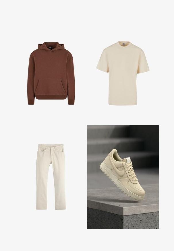 Brauner Kapuzenpullover aus weichem Material, mit einer Kängurutasche, gerippten Bündchen und einem lässigen Schnitt.; Beige Baumwoll-T-Shirt mit Rundhalsausschnitt und kurzen Ärmeln, das einen lockeren Schnitt und minimale Nahtdetails aufweist. Lässiges und vielseitiges Design.; Beige Jeans aus Denim mit geradem Schnitt, dezenten Nähten, fünf Taschen, Knopfverschluss und minimalistischem Design.; Beiger Nike Air Force 1 Sneaker schwebt über einer grauen Betonplatte mit unscharfem Treppenhintergrund.