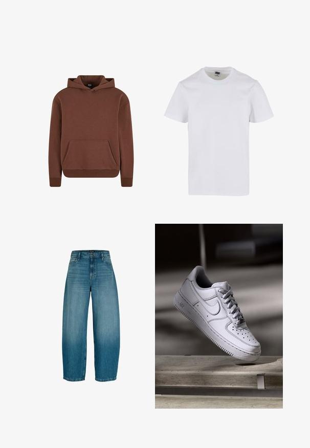 Brun hættebluse lavet af blødt stof, med kengurulomme, ribbede manchetter og en afslappet pasform.; Hvid bomulds t-shirt med rund halsudskæring, korte ærmer og en afslappet pasform. Glat tekstur uden synlige mønstre eller detaljer.; Blå denim viddebukser med forreste lukning med knapper og lynlås, bæltestropper og sidelommer, med let falmning på lårene.; Hvid læder Nike Air Force 1 sneaker med perforeret tå, flade snørebånd og tekstureret gummisål med "AIR" branding på siden.