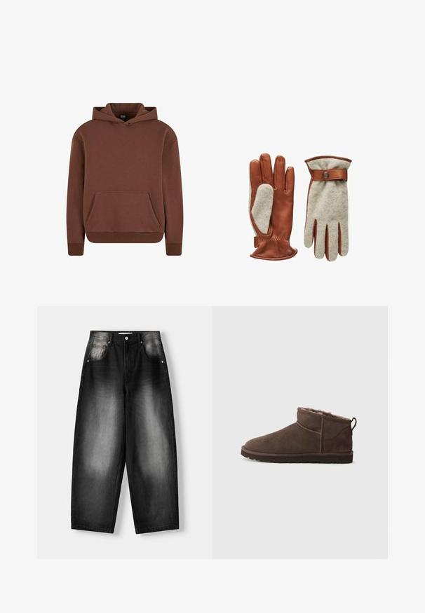 Bruine hoodie gemaakt van een zachte stof, met een kangaroezak, ribgebreide boorden en een ontspannen pasvorm.; Zwarte denim jeans met een wijde pijp, met een vervaagde gradient van donker naar licht, vijf zakken en een knoopsluiting.; Bruine suède enkelboot met een zachte binnenvoering, platte zool en lipje aan de hiel, weergegeven in zijaanzicht op een effen achtergrond.; John Henric SHORT - Handschoenen - brown