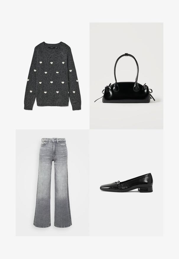 Jersey gris con cuello redondo y mangas largas, con un patrón repetido de pequeños corazones blancos por todo el tejido. Tela de textura suave.; Jeans de mezclilla gris de pierna ancha con un degradado de claro a oscuro, que cuentan con una cintura alta, diseño de cinco bolsillos y un cierre de botón clásico.; Bailarinas de charol negro con punta afilada, tacón cuadrado bajo y un pequeño detalle de hebilla metálica en la correa. Textura suave.; Pequeño bolso negro brillante con dos asas largas y detalles de cordón lateral sobre un fondo claro liso.