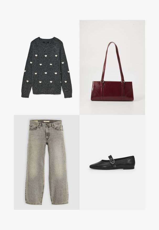 Grijze trui met een ronde hals en lange mouwen, met een herhalend patroon van kleine witte hartjes over het hele oppervlak. Zacht gestructureerde stof.; Lichtgrijze, ruime jeans gemaakt van denim. Heeft een traditionele vijf-pocketstijl en een lichte vervaging door de stof.; Zwarte leren platte schoen met een ronde neus, een enkele verstelbare gespsluiting en een gladde, glanzende textuur. Minimalistisch ontwerp met een lage hak.; Bourgondische handtas van glanzend materiaal, rechthoekige vorm, met twee schouderbanden en subtiele gebogen accenten aan de voorkant.