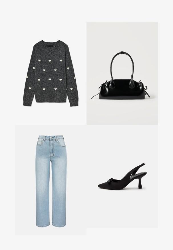 Grijze trui met een ronde hals en lange mouwen, met een herhalend patroon van kleine witte hartjes over het hele oppervlak. Zacht gestructureerde stof.; Lichtblauwe high-waist rechte jeans met voorste knoop, ritssluiting, riemlussen en een ontwerp met vijf zakken, tegen een effen achtergrond.; Zwarte slingback pumps met een spits toelopende neus, kleine strik aan de voorkant en een smalle hak, afgebeeld tegen een witte achtergrond.; Kleine zwarte glanzende handtas met twee lange hengsels en zijkant trekkoord details op een effen lichte achtergrond.