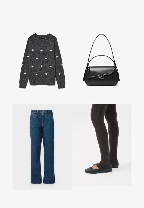 Pull gris à col rond et manches longues, avec un motif répété de petits cœurs blancs sur toute la surface. Tissu à la texture douce.; Jean en denim bleu foncé avec une coupe droite, comportant cinq poches, une taille mi-haute et des détails de couture contrastants.; Jambes portant des leggings côtelés foncés associés à des ballerines noires avec de petits détails en nœud sur fond blanc.; Sac à bandoulière en cuir noir avec un rabat incurvé fermé par un fermoir métallique rond et une sangle fine et ajustable.
